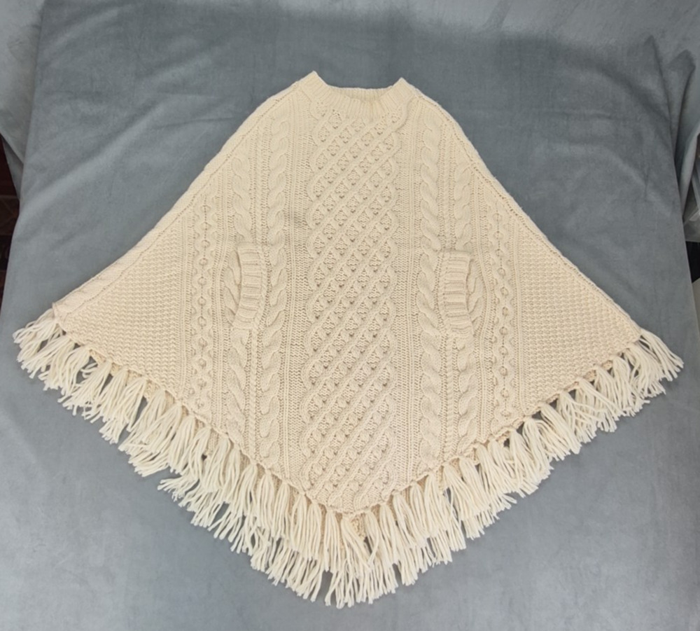 J.Crew 100% Wool Cable Knit Boho Preppy Fringe Poncho Women's Cream One Size